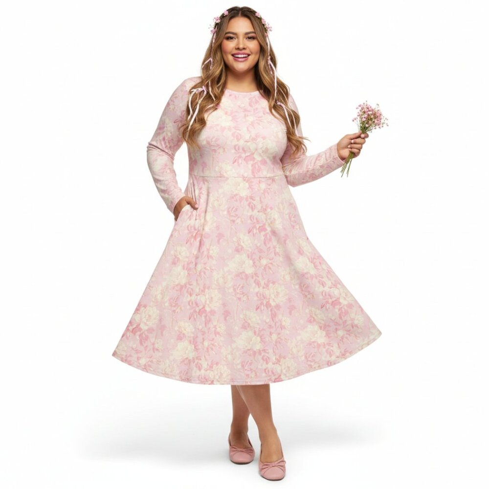 Pink Floral Cottagecore Long Sleeve A-Line Midi Dress